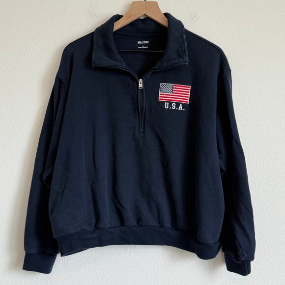 Hollister Sweaters - Hollister Navy Blue Easy USA Graphic Half Zip Sweatshirt Slightly Cropped Size L